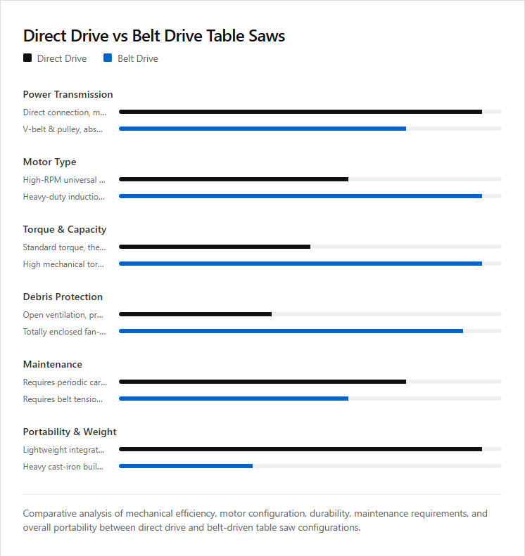 Infographic comparison Direct Drive vs Belt Drive Table Saws of Saw power tool