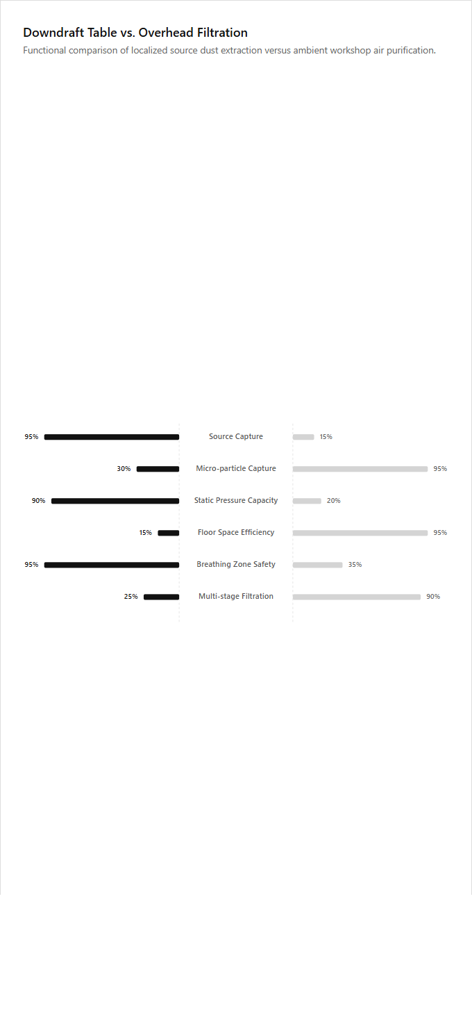 Infographic comparison Downdraft Sanding Table vs Overhead Air Filtration Unit of Air Cleaner power tool