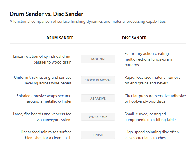 Infographic comparison Drum Sander vs Disc Sander of Sander power tool