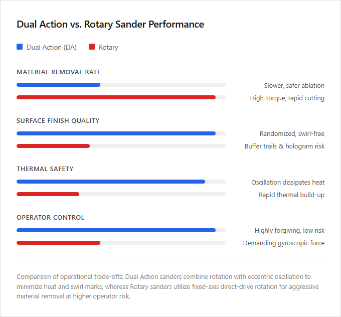 Infographic comparison Dual Action Sander vs Rotary Sander of Sander power tool