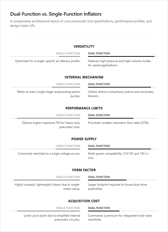 Infographic comparison Dual Function vs Single Function of Inflator power tool