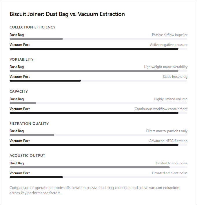 Infographic comparison Dust Bag vs Vacuum Dust Extraction Port of Biscuit Joiner power tool