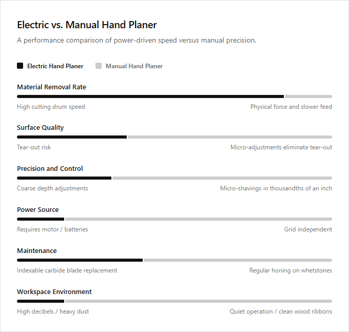 Infographic comparison Electric Hand Planer vs Manual Hand Planer of Planer power tool