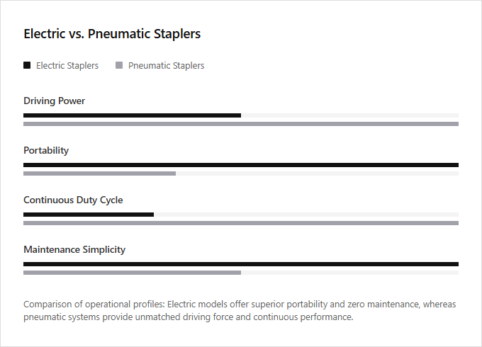 Infographic comparison Electric Staplers vs Pneumatic Staplers of Stapler power tool