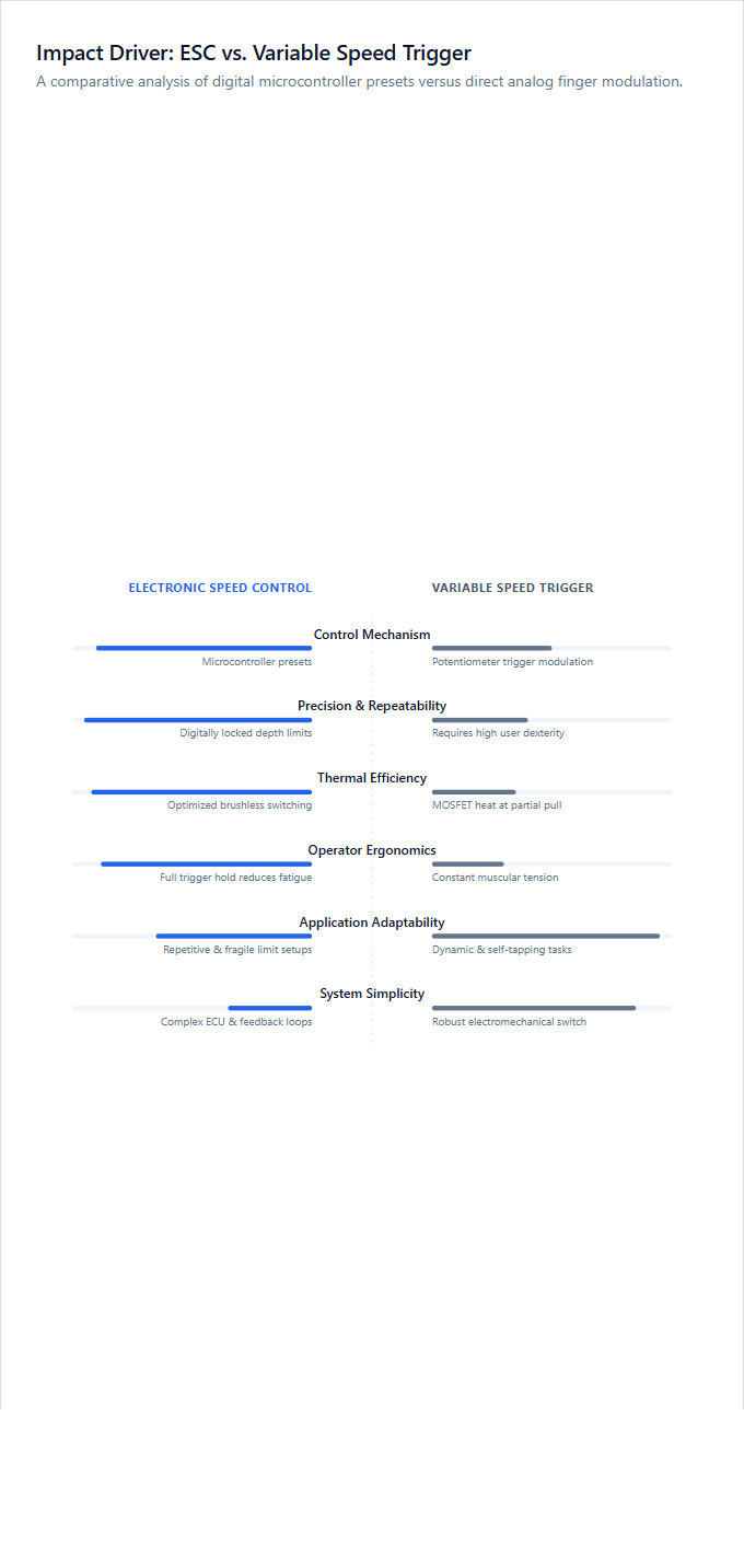 Infographic comparison Electronic Speed Control vs Variable Speed Trigger of Impact Driver power tool