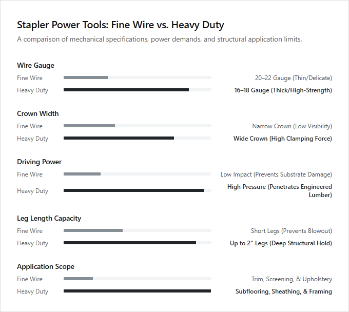 Infographic comparison Fine Wire vs Heavy Duty Staplers of Stapler power tool