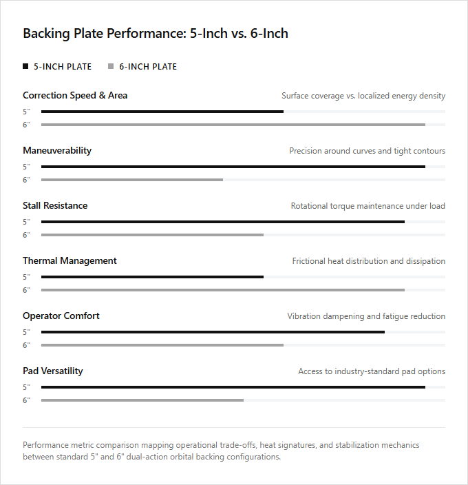 Infographic comparison Five Inch vs Six Inch Backing Plate of Polisher power tool