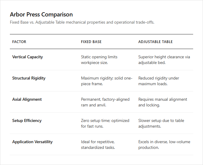 Infographic comparison Fixed Base Arbor Press vs Adjustable Table Arbor Press of Arbor Press power tool