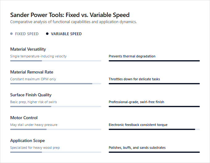 Infographic comparison Fixed Speed vs Variable Speed Sander of Sander power tool