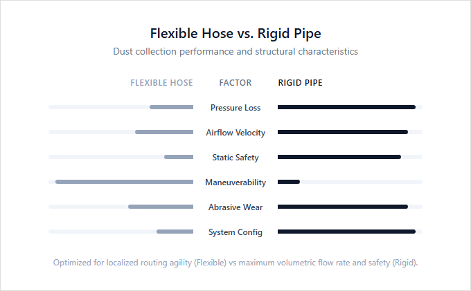Infographic comparison Flexible Hose vs Rigid Pipe of Dust Collector power tool