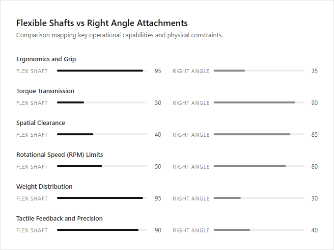 Infographic comparison Flexible Shafts vs Right Angle Attachments of Rotary Tool power tool