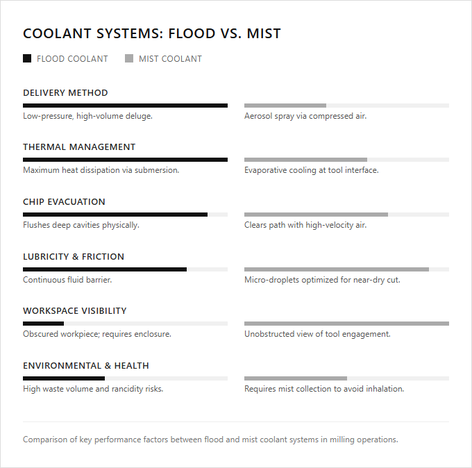Infographic comparison Flood Coolant vs Mist Coolant of Milling Machine power tool