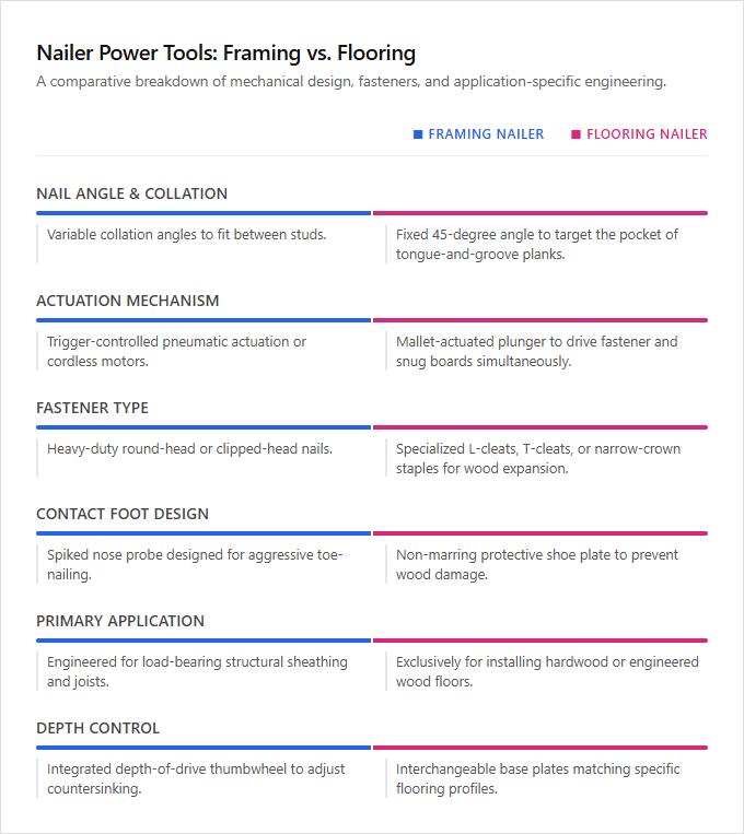 Infographic comparison Flooring vs Framing of Nailer power tool