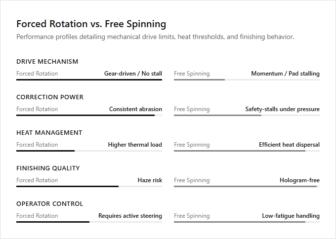 Infographic comparison Forced Rotation vs Free Spinning of Polisher power tool