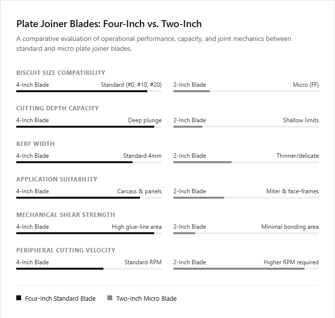 Infographic comparison Four-Inch Blade vs Two-Inch Blade of Plate Joiner power tool