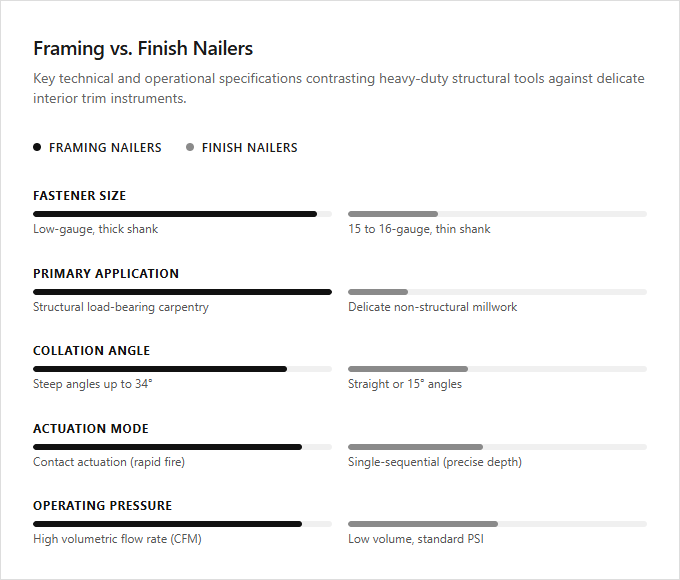Infographic comparison Framing vs Finish of Nailer power tool