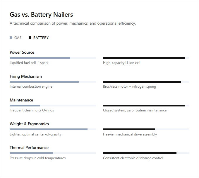 Infographic comparison Gas vs Battery of Nailer power tool