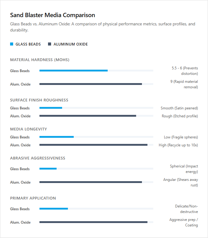Infographic comparison Glass Beads vs Aluminum Oxide of Sand Blaster power tool
