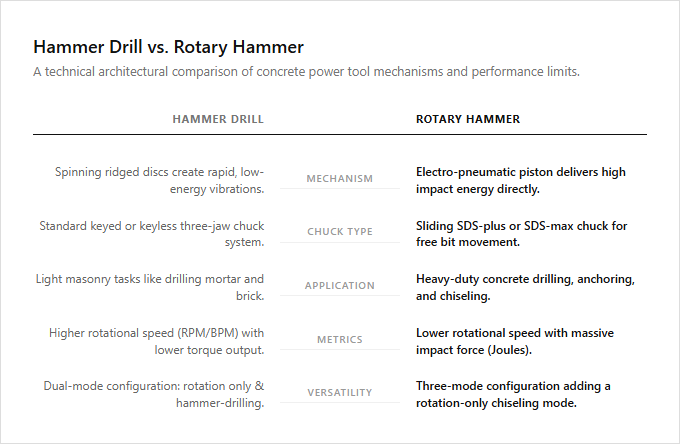 Infographic comparison Hammer Drill vs Rotary Hammer of Concrete Tool power tool