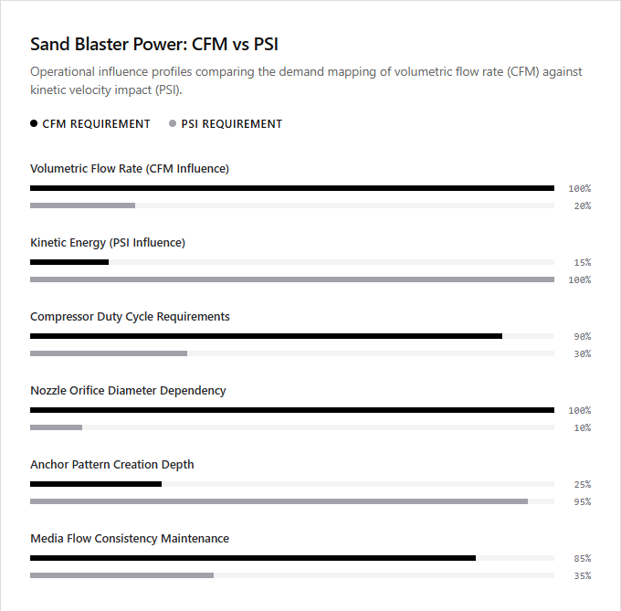 Infographic comparison High CFM vs High PSI of Sand Blaster power tool