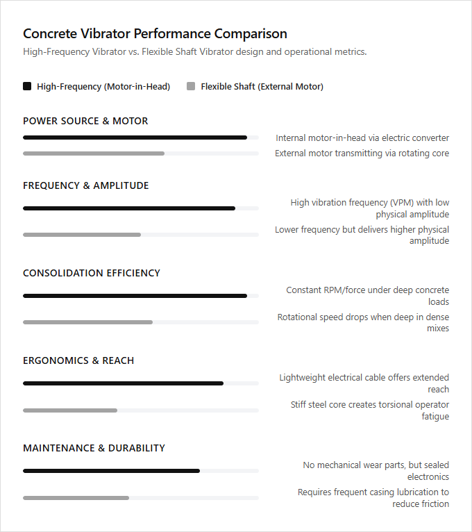 Infographic comparison High-Frequency Vibrator vs Flexible Shaft Vibrator of Concrete Tool power tool