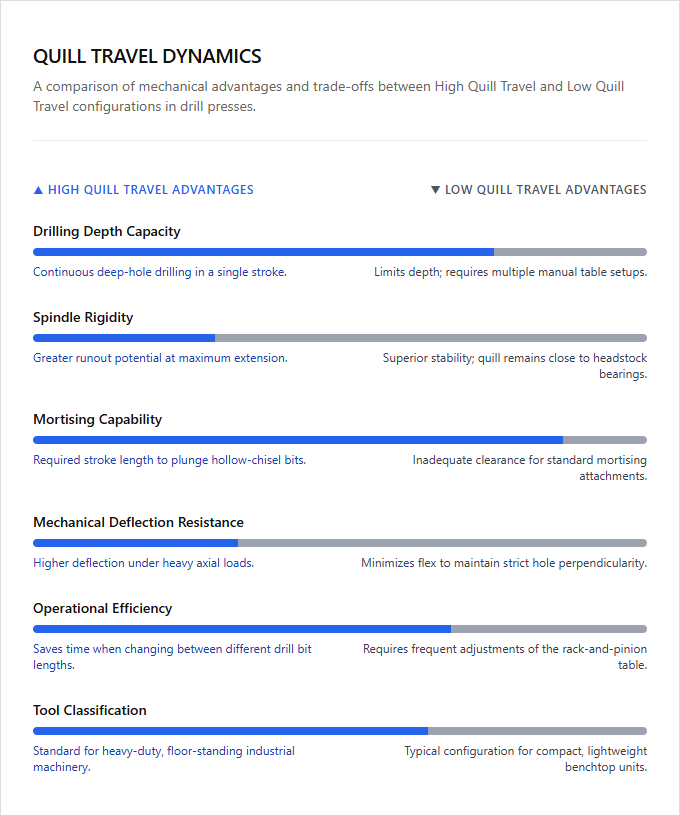 Infographic comparison High Quill Travel vs Low Quill Travel of Drill Press power tool