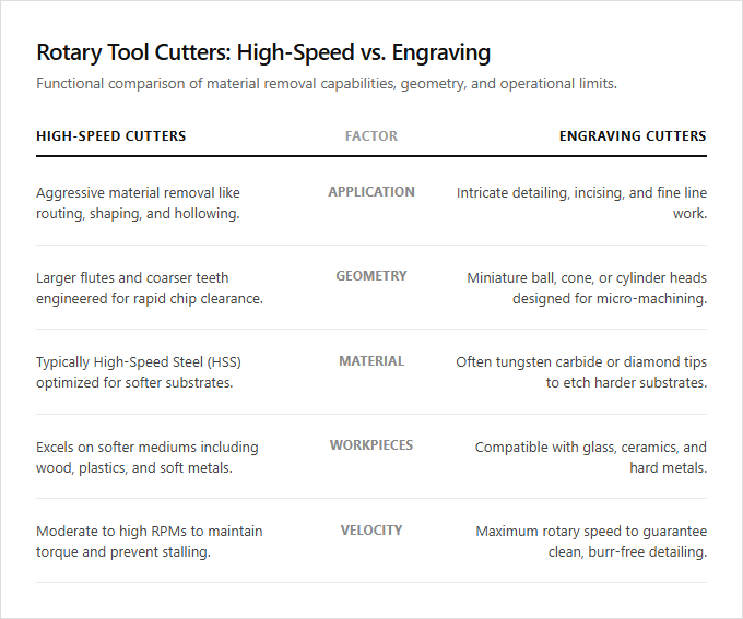 Infographic comparison High-Speed Cutters vs Engraving Cutters of Rotary Tool power tool