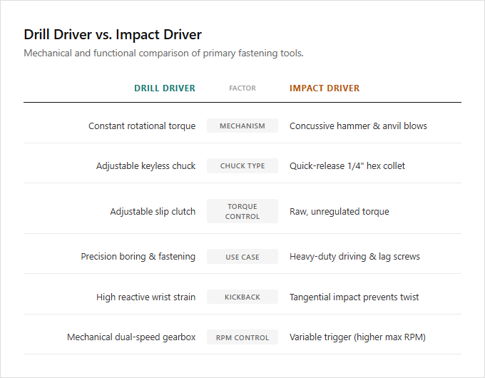 Infographic comparison Impact Driver vs Drill Driver of Drill power tool