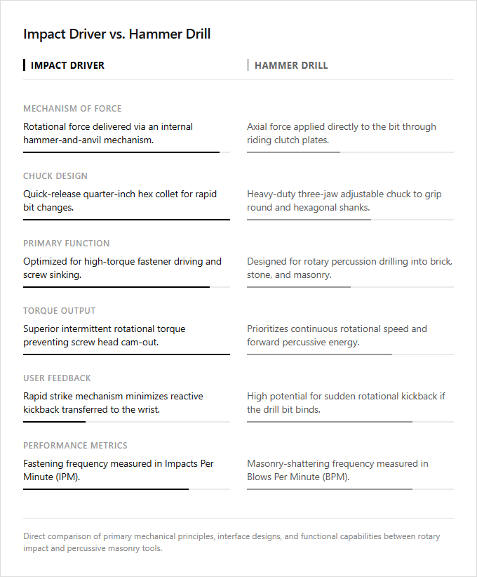 Infographic comparison Impact Driver vs Hammer Drill of Impact Driver power tool