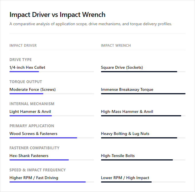 Infographic comparison Impact Driver vs Impact Wrench of Impact Driver power tool