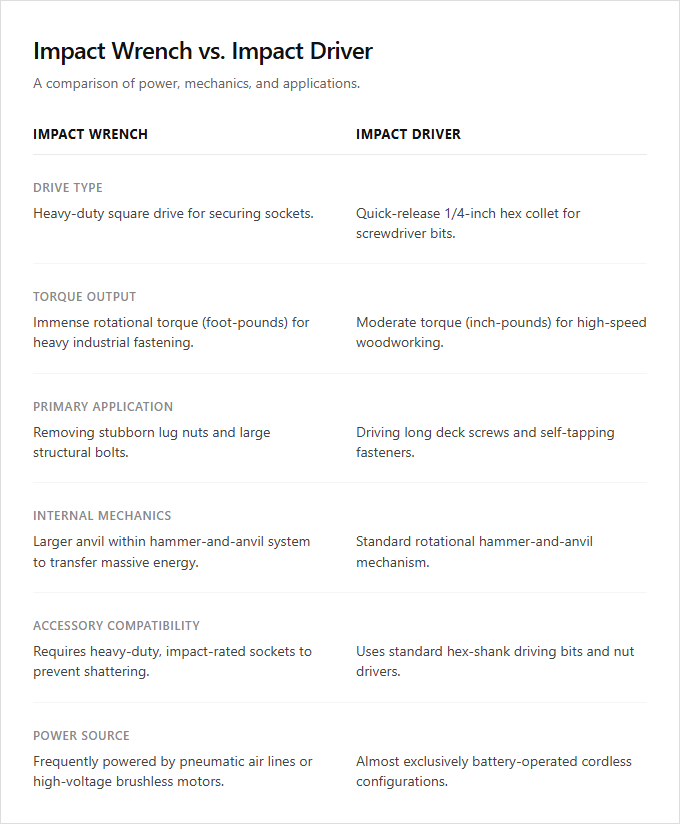 Infographic comparison Impact Wrench vs Impact Driver of Impact Wrench power tool