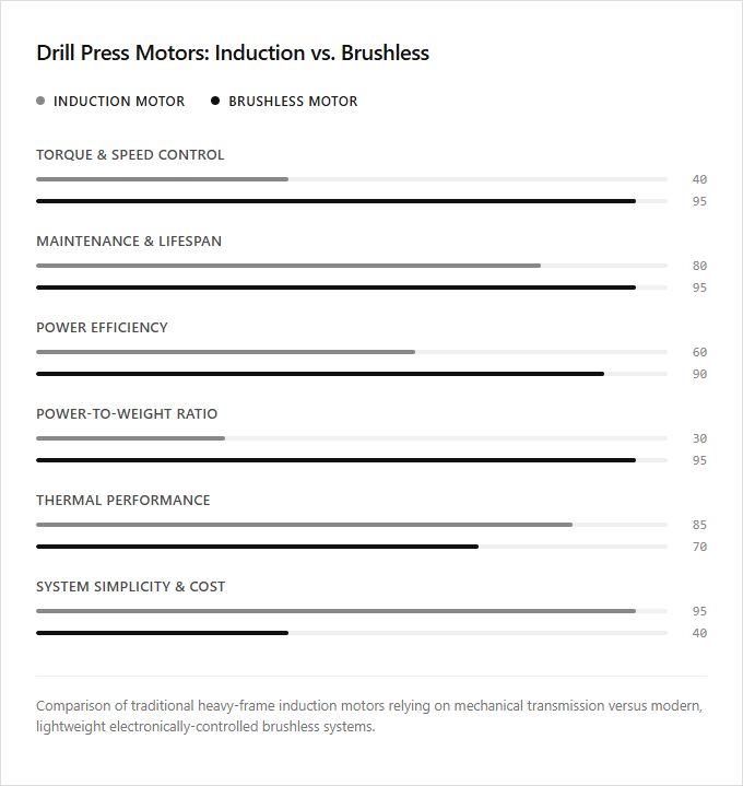 Infographic comparison Induction Motor vs Brushless Motor of Drill Press power tool