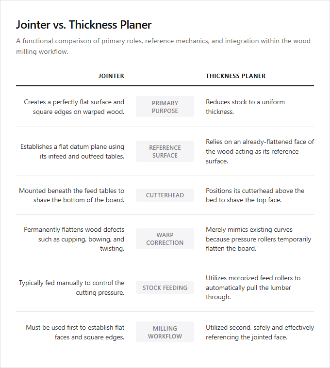 Infographic comparison Jointer vs Thickness Planer of Jointer power tool