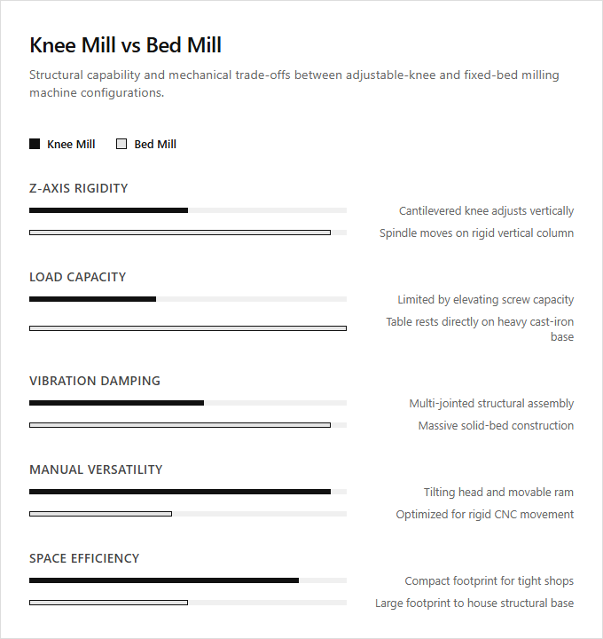 Infographic comparison Knee Mill vs Bed Mill of Milling Machine power tool