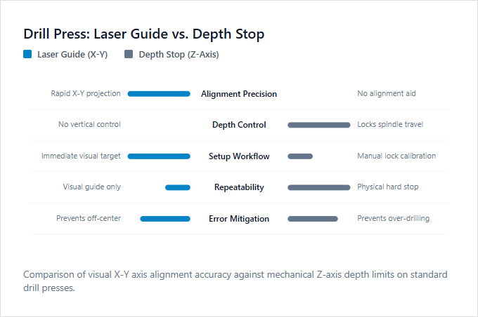 Infographic comparison Laser Guide vs Depth Stop of Drill Press power tool
