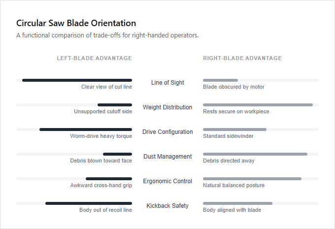 Infographic comparison Left Blade vs Right Blade Circular Saws of Saw power tool