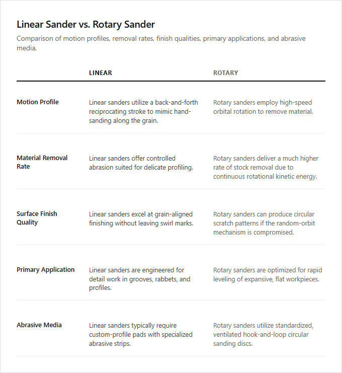 Infographic comparison Linear Sander vs Rotary Sander of Sander power tool