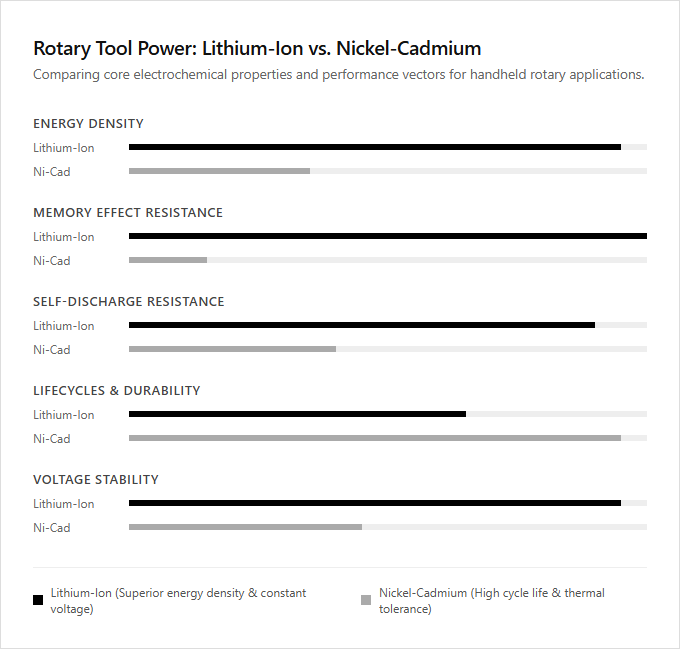 Infographic comparison Lithium-Ion vs Nickel-Cadmium of Rotary Tool power tool