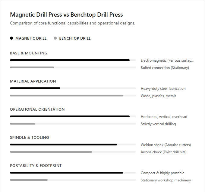 Infographic comparison Magnetic Drill Press vs Benchtop Drill Press of Drill Press power tool