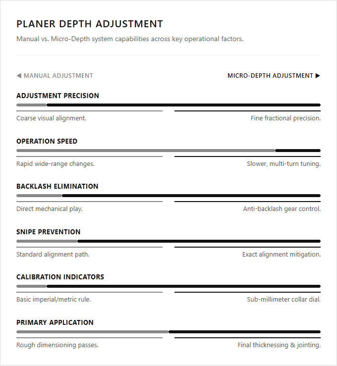 Infographic comparison Manual Depth Adjustment vs Micro-Depth Adjustment of Planer power tool