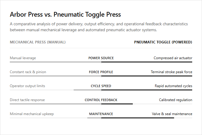 Infographic comparison Mechanical Arbor Press vs Pneumatic Toggle Press of Arbor Press power tool