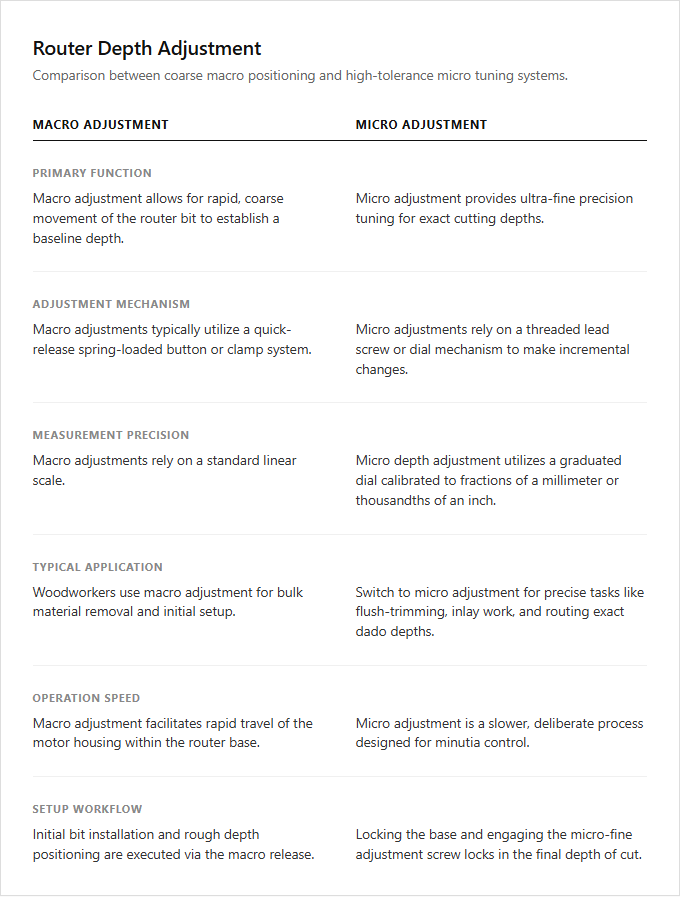 Infographic comparison Micro Depth Adjustment vs Macro Depth Adjustment of Router power tool