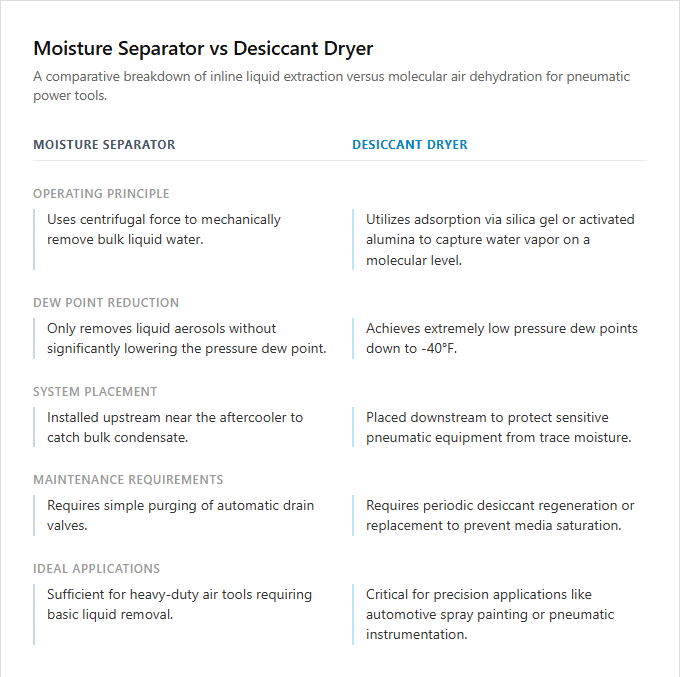 Infographic comparison Moisture Separator vs Desiccant Dryer of Air Compressor power tool
