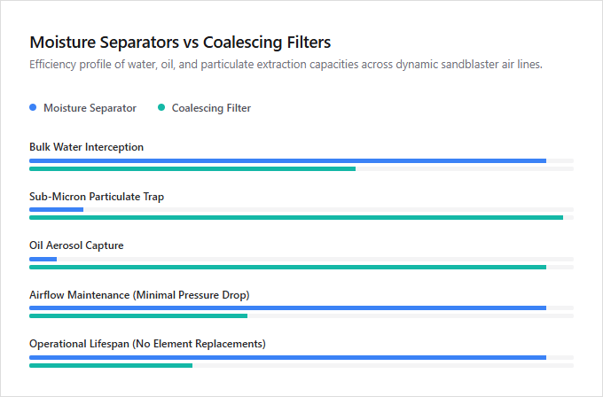 Infographic comparison Moisture Separators vs Coalescing Filters of Sand Blaster power tool
