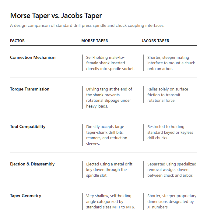 Infographic comparison Morse Taper vs Jacob Taper of Drill Press power tool