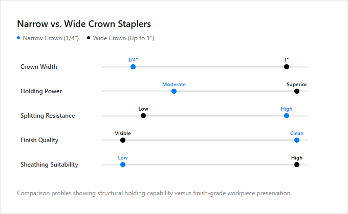Infographic comparison Narrow Crown vs Wide Crown Staplers of Stapler power tool