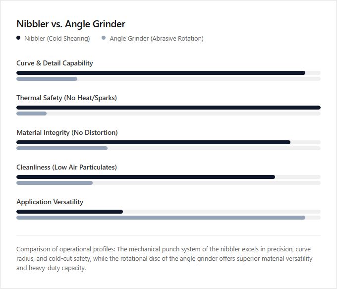 Infographic comparison Nibbler vs Angle Grinder of Nibbler power tool