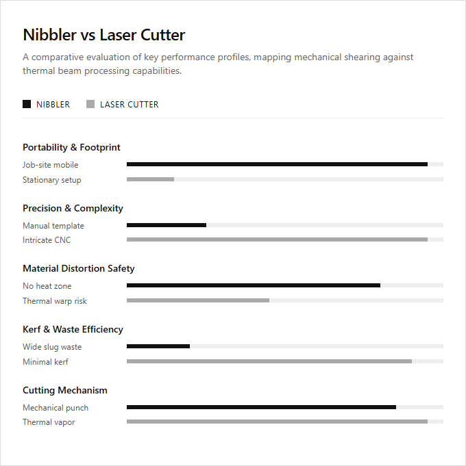 Infographic comparison Nibbler vs Laser Cutter of Nibbler power tool