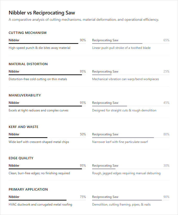 Infographic comparison Nibbler vs Reciprocating Saw of Nibbler power tool