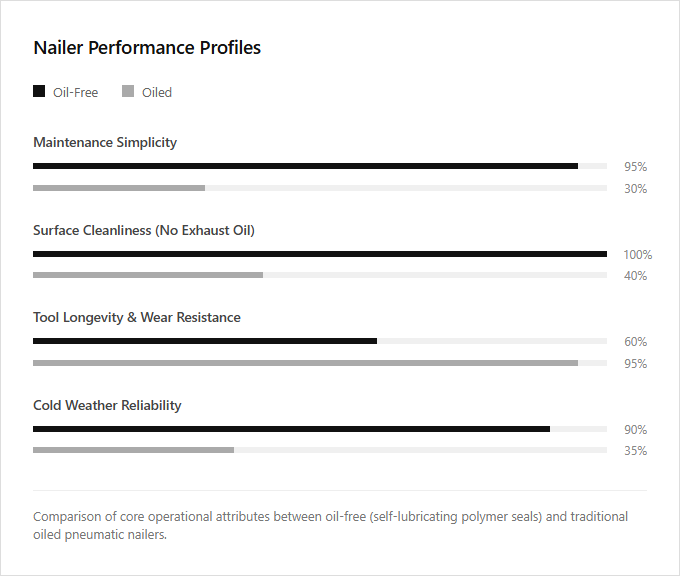 Infographic comparison Oil-Free vs Oiled of Nailer power tool